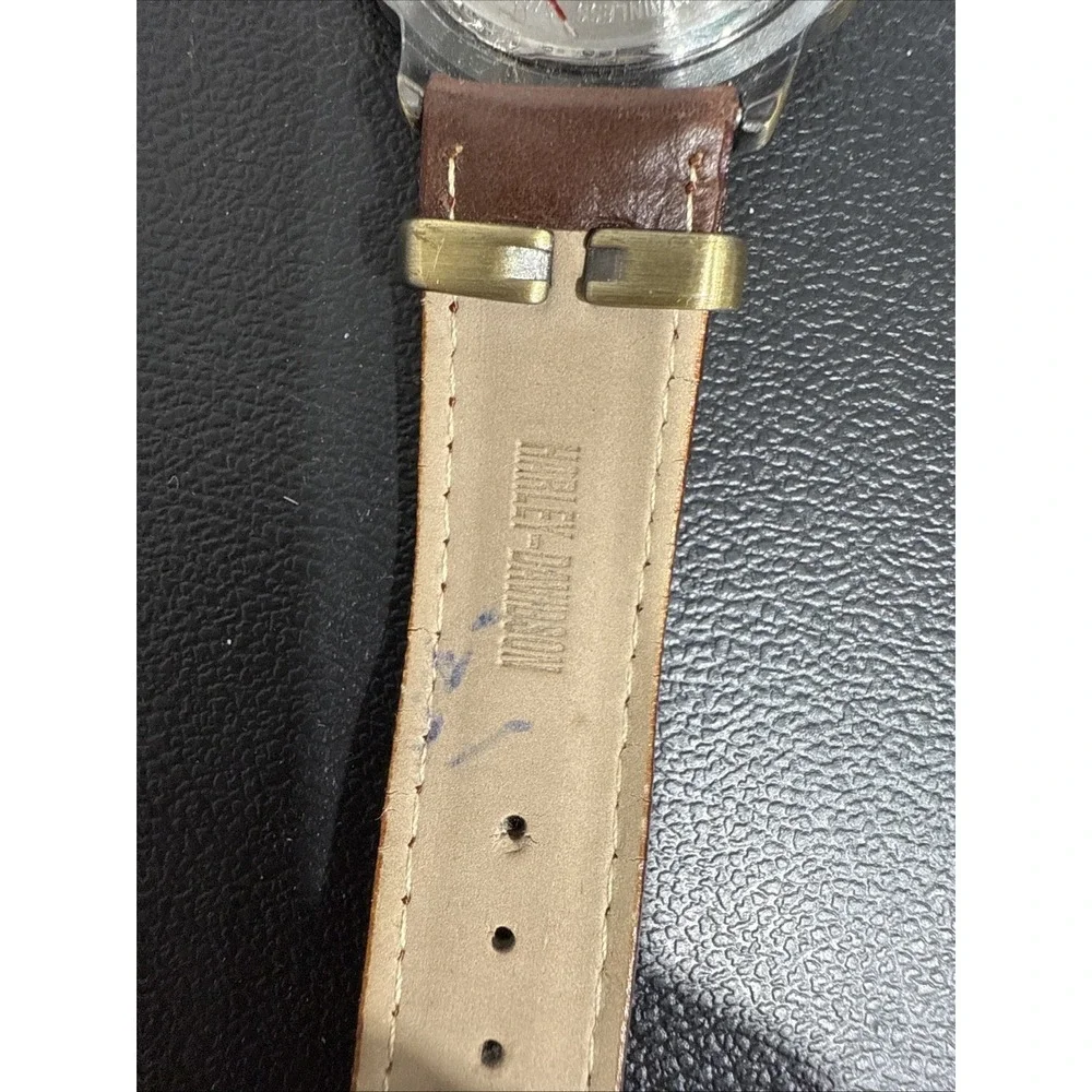 Bulova Harley-Davidson Quartz Wristwatch Gold Tone Brown Leather Band‎